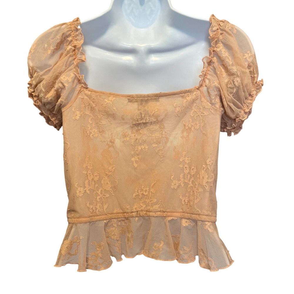 Sheer Lace Milkmaid Top S Peach Peplum Puff Sleeve Coquette Corset Fairy Pastel - Picture 5 of 9